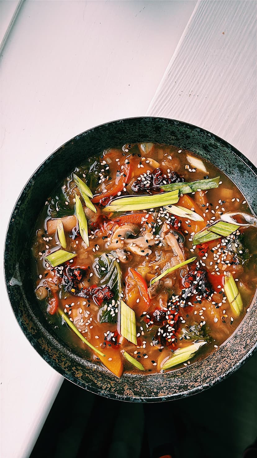 Pulled Aubergine Chinese Sweet N Sour Soup